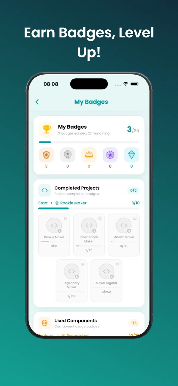 Badges: level up as you complete projects