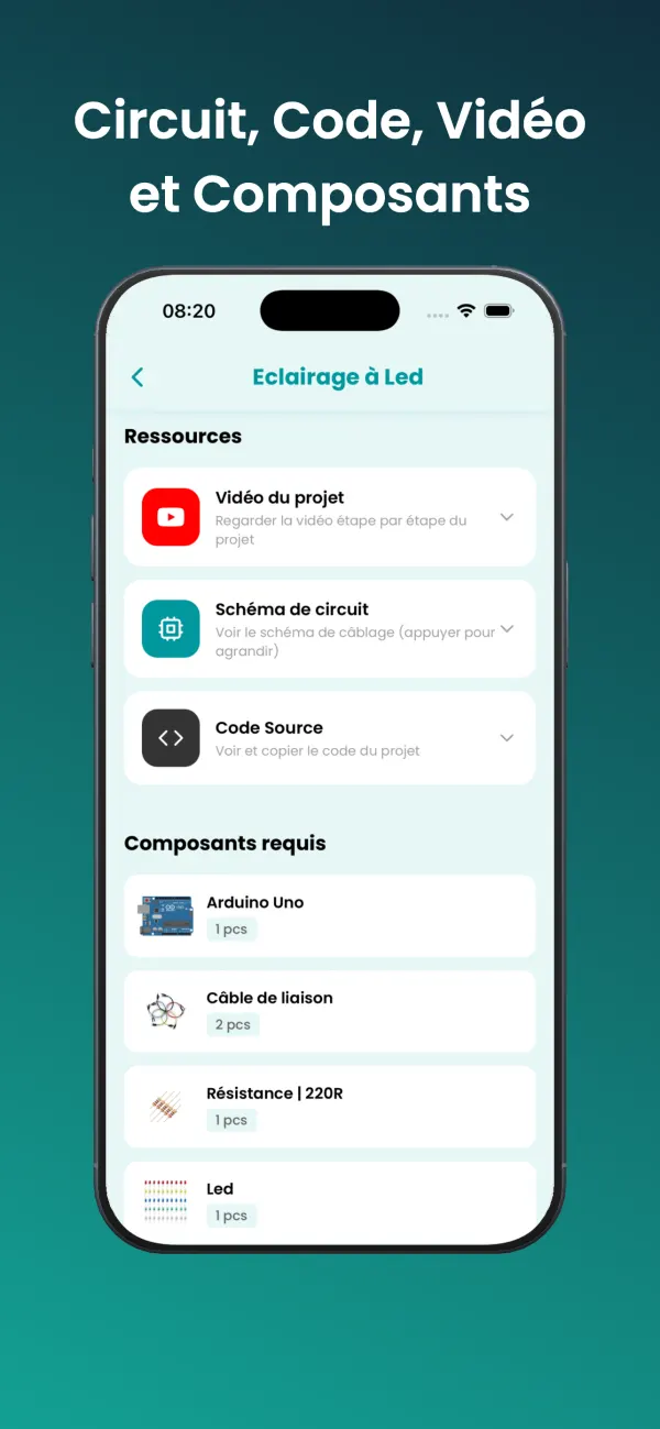 Page projet : schéma, code, vidéo et composants